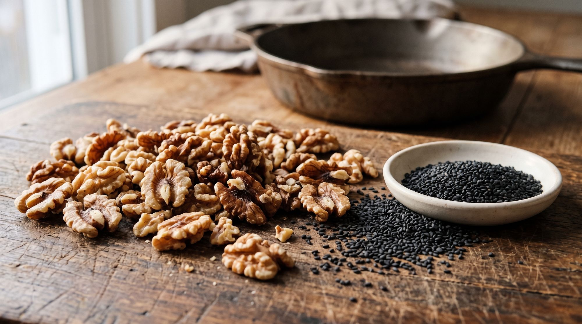 Walnut halves beside a small dish of black sesame seeds on a wooden table, with the dry skillet for toasting them behind.