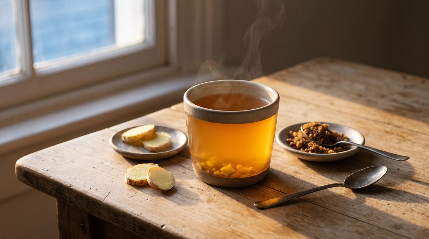 A steaming mug of ginger tea with sliced ginger and a small dish of raw brown sugar set beside it on a sunlit table.