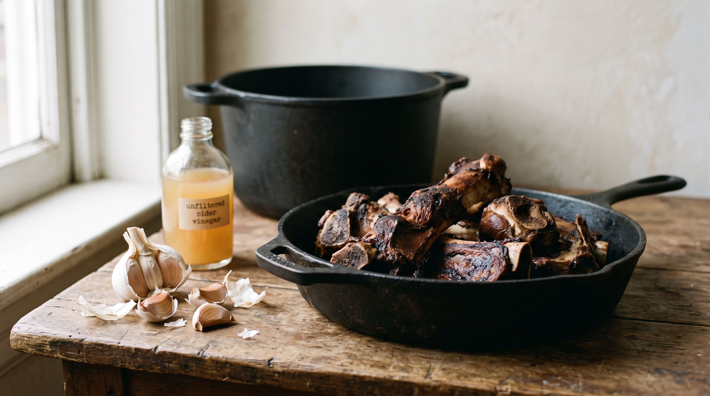 Roasted marrow bones in a cast-iron skillet beside a stockpot, with a bottle of cider vinegar and a head of garlic on the table.