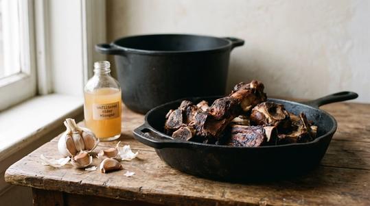Roasted marrow bones in a cast-iron skillet beside a stockpot, with a bottle of cider vinegar and a head of garlic on the table.