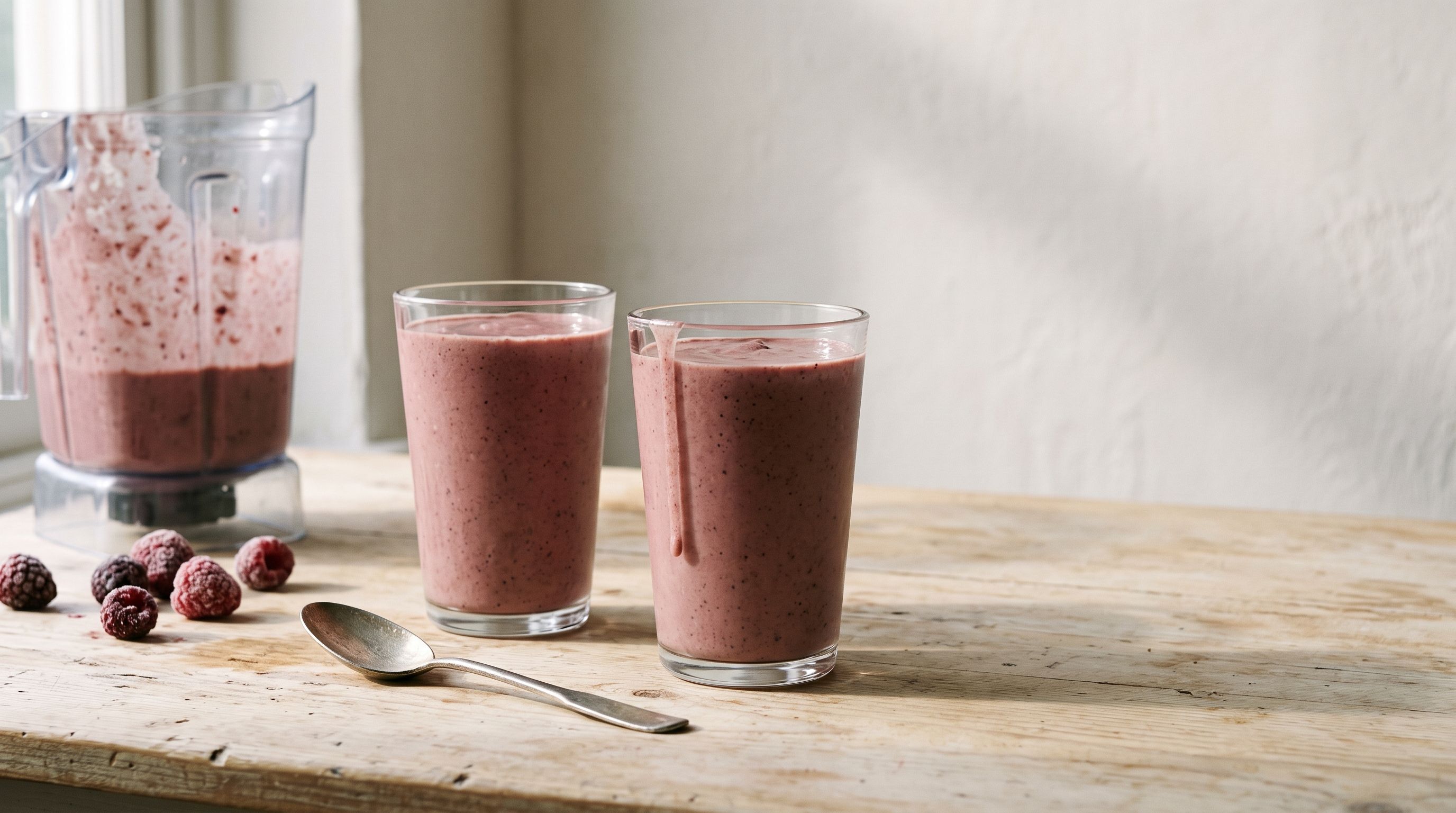 Two glasses of the prepared smoothie sitting on a table