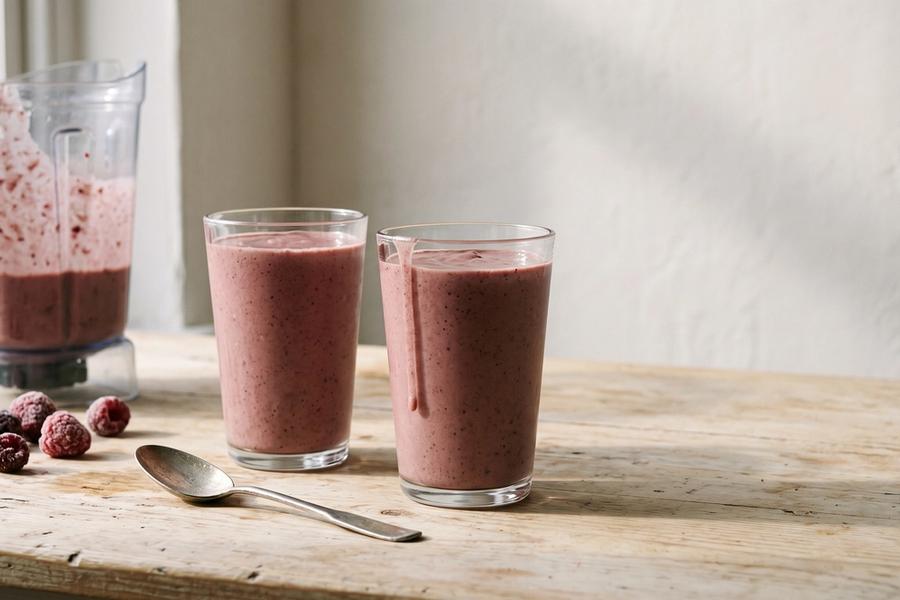 Two glasses of the prepared smoothie sitting on a table