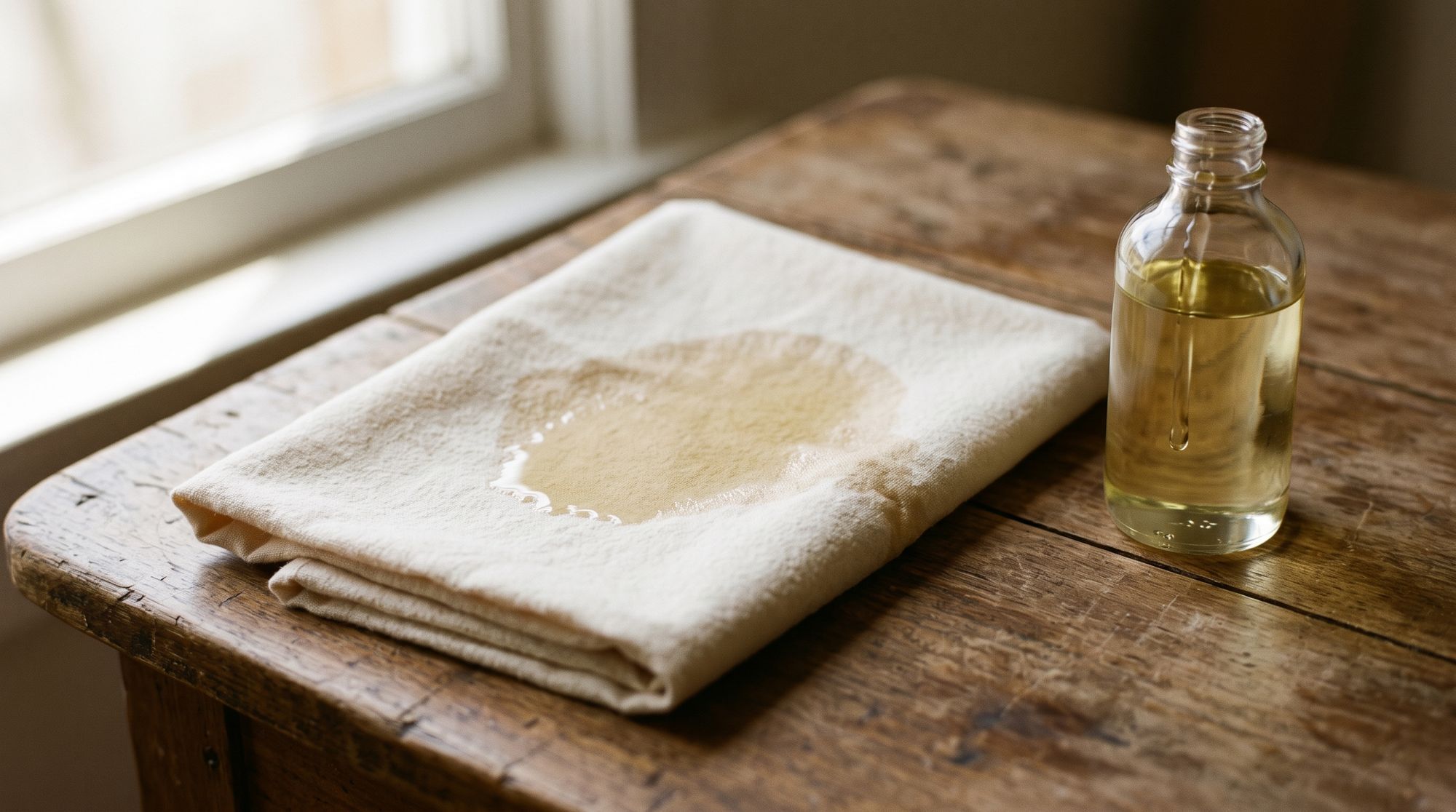 A folded flannel cloth soaked through with castor oil, the bottle standing beside it on a wooden table.