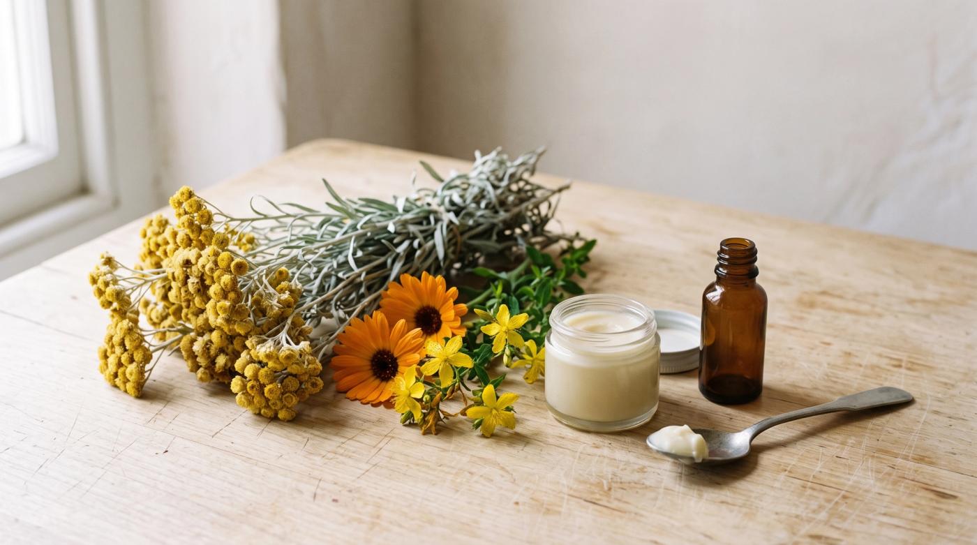 Sprigs of helichrysum, calendula and St. John's wort beside an open jar of pale cream ointment, a small amber bottle, and a spoon holding a dab of the cream.
