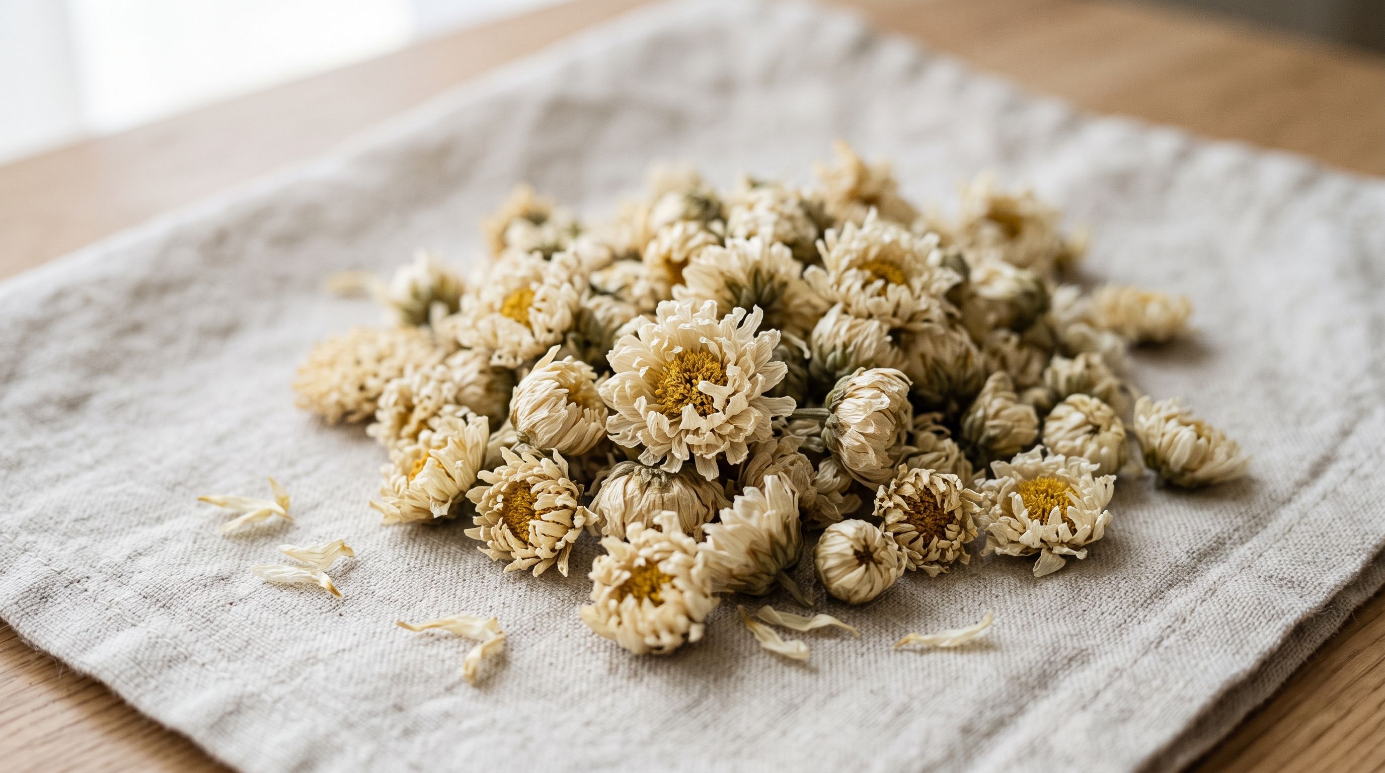A heap of dried whole chrysanthemum flowers on a linen cloth.