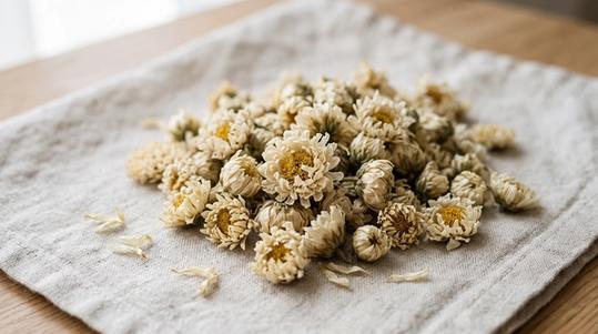 A heap of dried whole chrysanthemum flowers on a linen cloth.