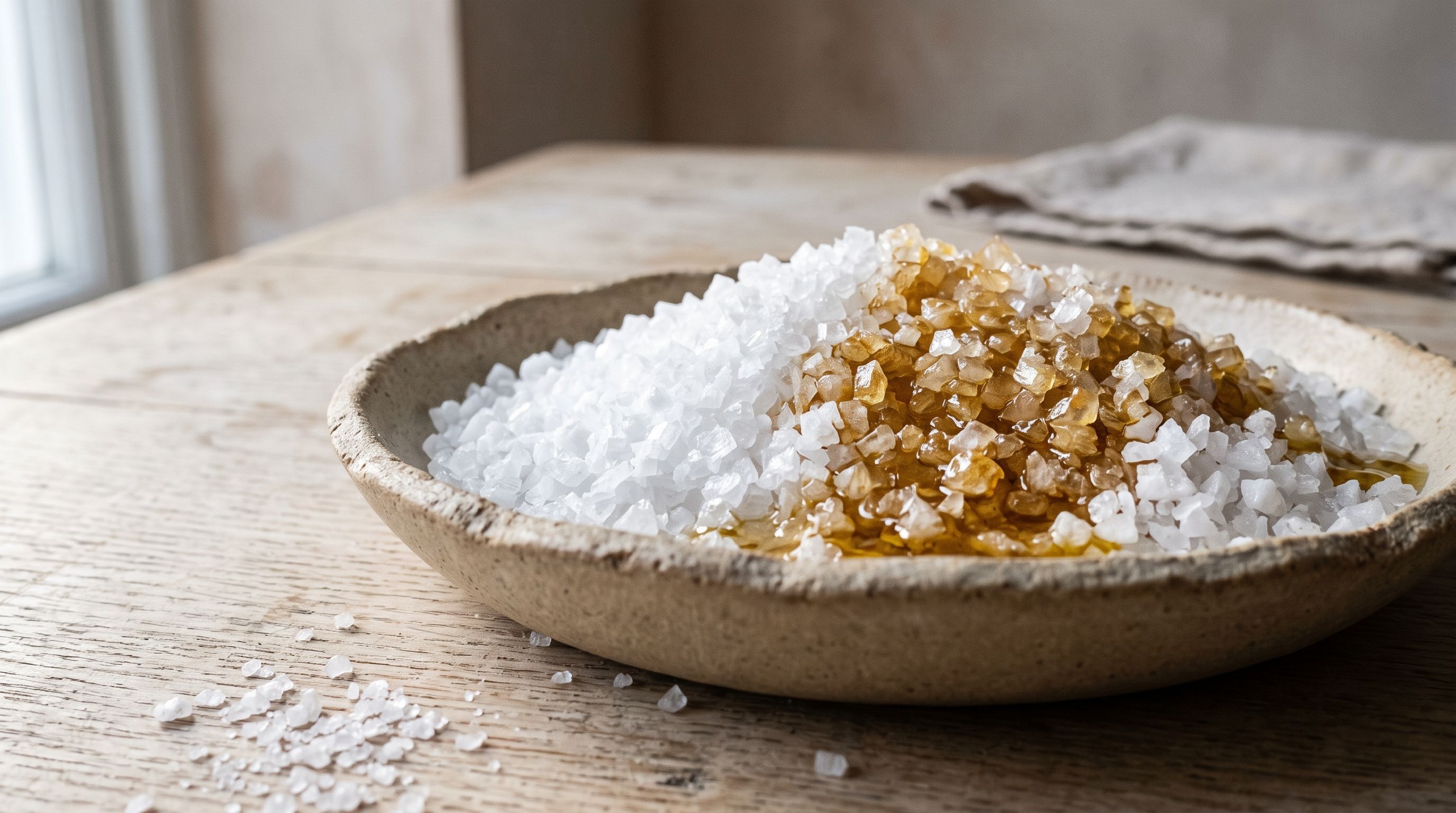 Coarse sea salt in a shallow ceramic bowl, with oil poured over part of it, catching the light.