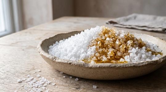 Coarse sea salt in a shallow ceramic bowl, with oil poured over part of it, catching the light.