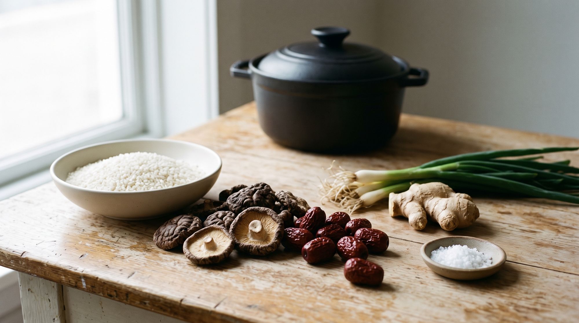 Rice, dried shiitake mushrooms, red dates, scallions, fresh ginger and a small dish of salt laid out on a wooden table, with the cooking pot behind.