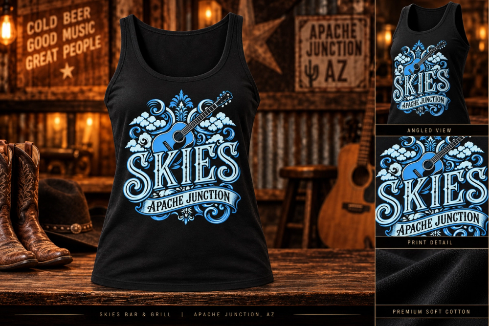 Design preview of a black Skies tank with blue guitar artwork and decorative lettering.