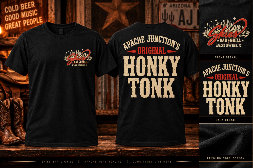 Front and back design preview of the black Original Honky Tonk Tee with cream and red lettering.