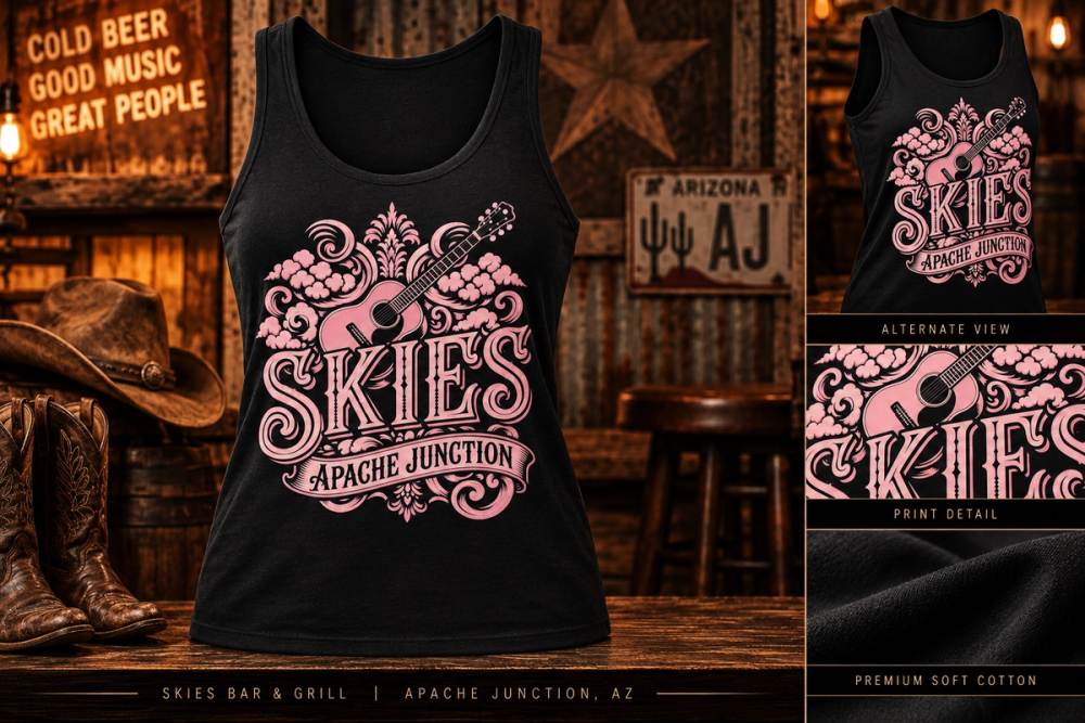 Design preview of a black Skies tank with pink guitar artwork and decorative lettering.
