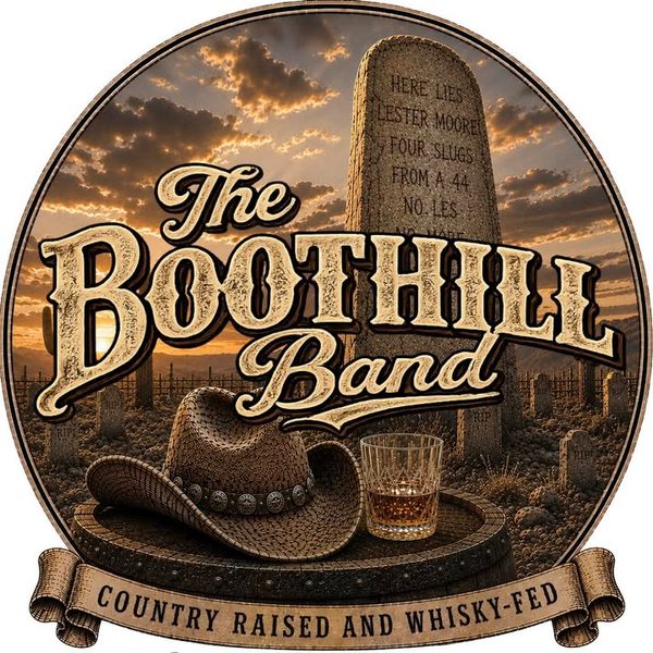 Boothill Band’s illustrated emblem with cowboy hat and desert cemetery; band artwork