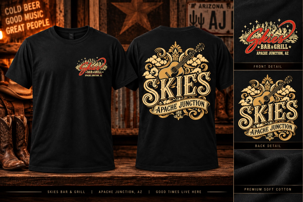 Front and back design preview of the black Skies Guitar Tee with gold guitar artwork and Apache Junction lettering.
