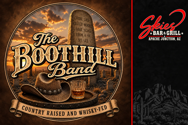 Boothill Band’s illustrated emblem with cowboy hat and desert cemetery; band artwork