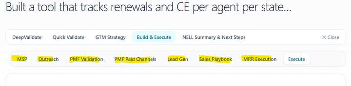 The Build & Execute surface: seven separate playbooks -- MSP, Outreach, PMF Validation, PMF Paid Channels, Lead Gen, Sales, MRR Execution -- generated for your idea.