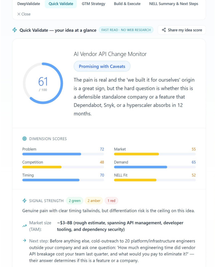 Quick Validate, free: an instant 0-100 score with a dimension breakdown, a green/amber/red signal read, a rough market size, the biggest unknown, and a next step -- no web research, no charge.