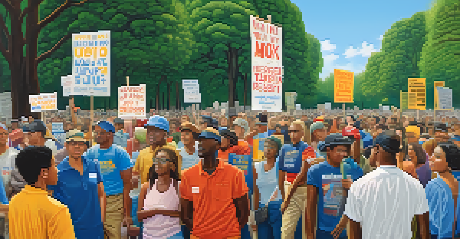A modern protest scene with diverse people holding signs advocating for social equity and tax reform in a city park setting.