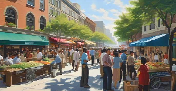 A vibrant city street with people of different professions interacting, illuminated by warm sunlight.