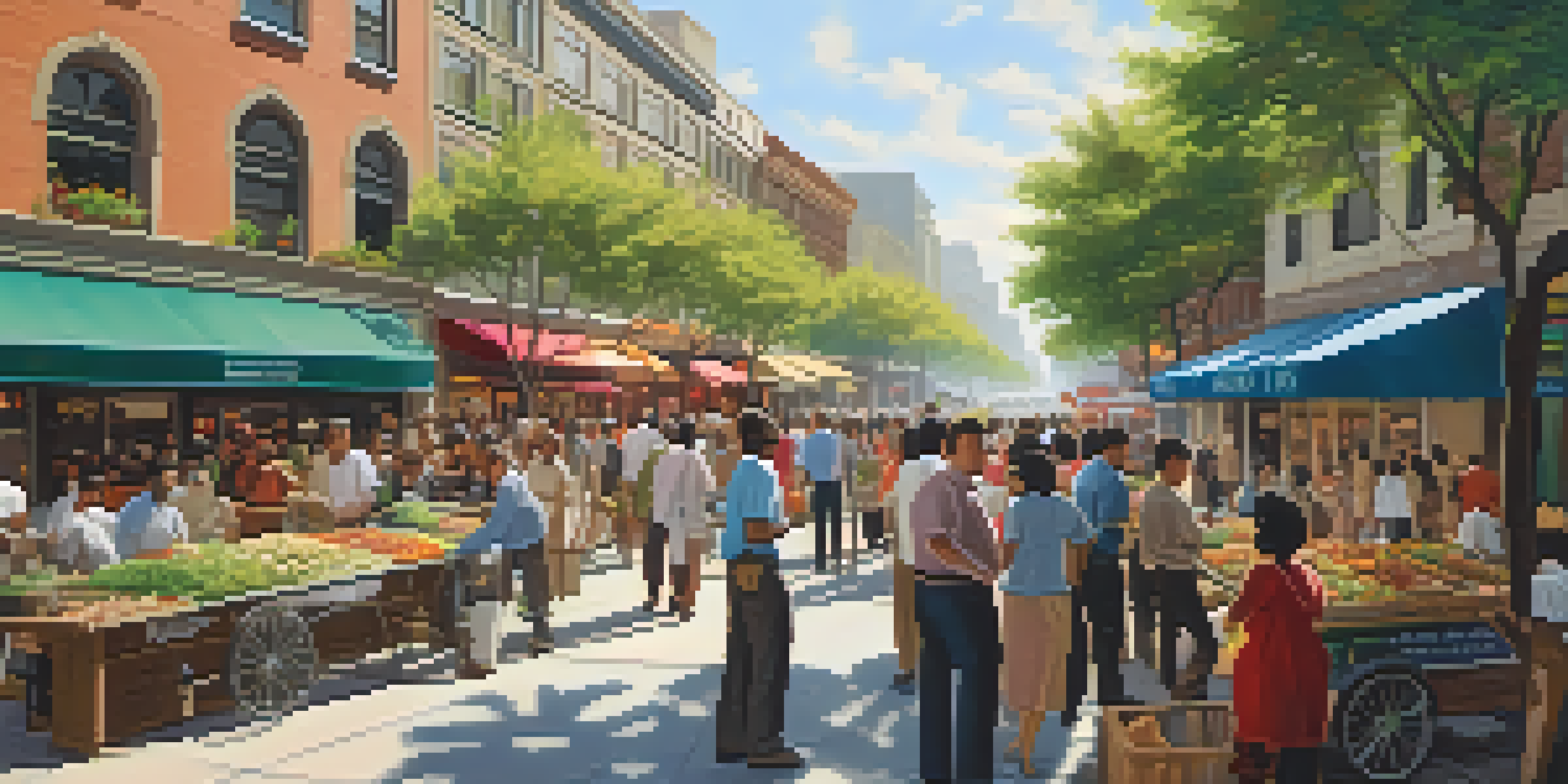 A vibrant city street with people of different professions interacting, illuminated by warm sunlight.