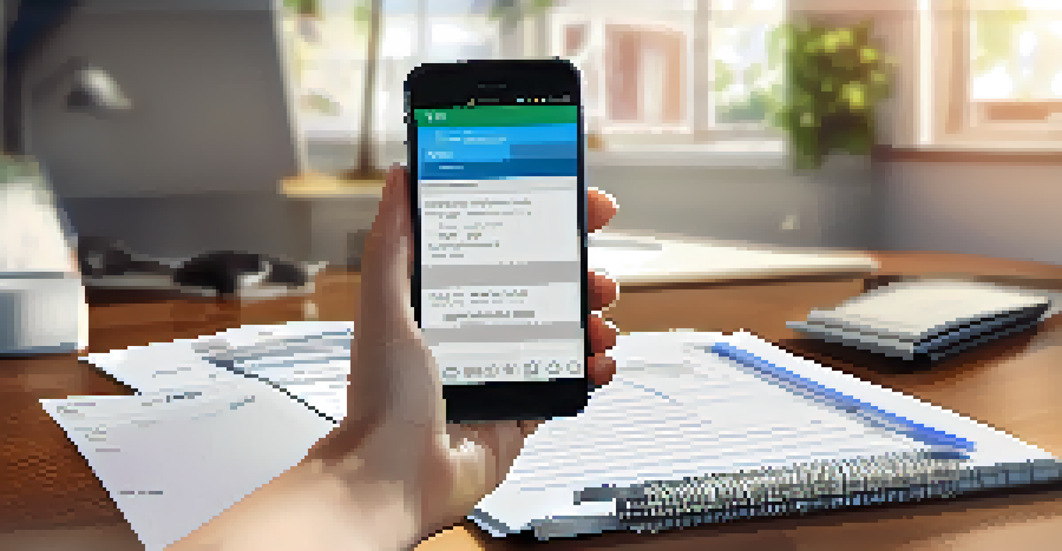 A close-up of a hand holding a smartphone taking a picture of a receipt in a home office setting.