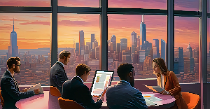 A vibrant city skyline during sunset with professionals discussing investment decisions in the foreground.