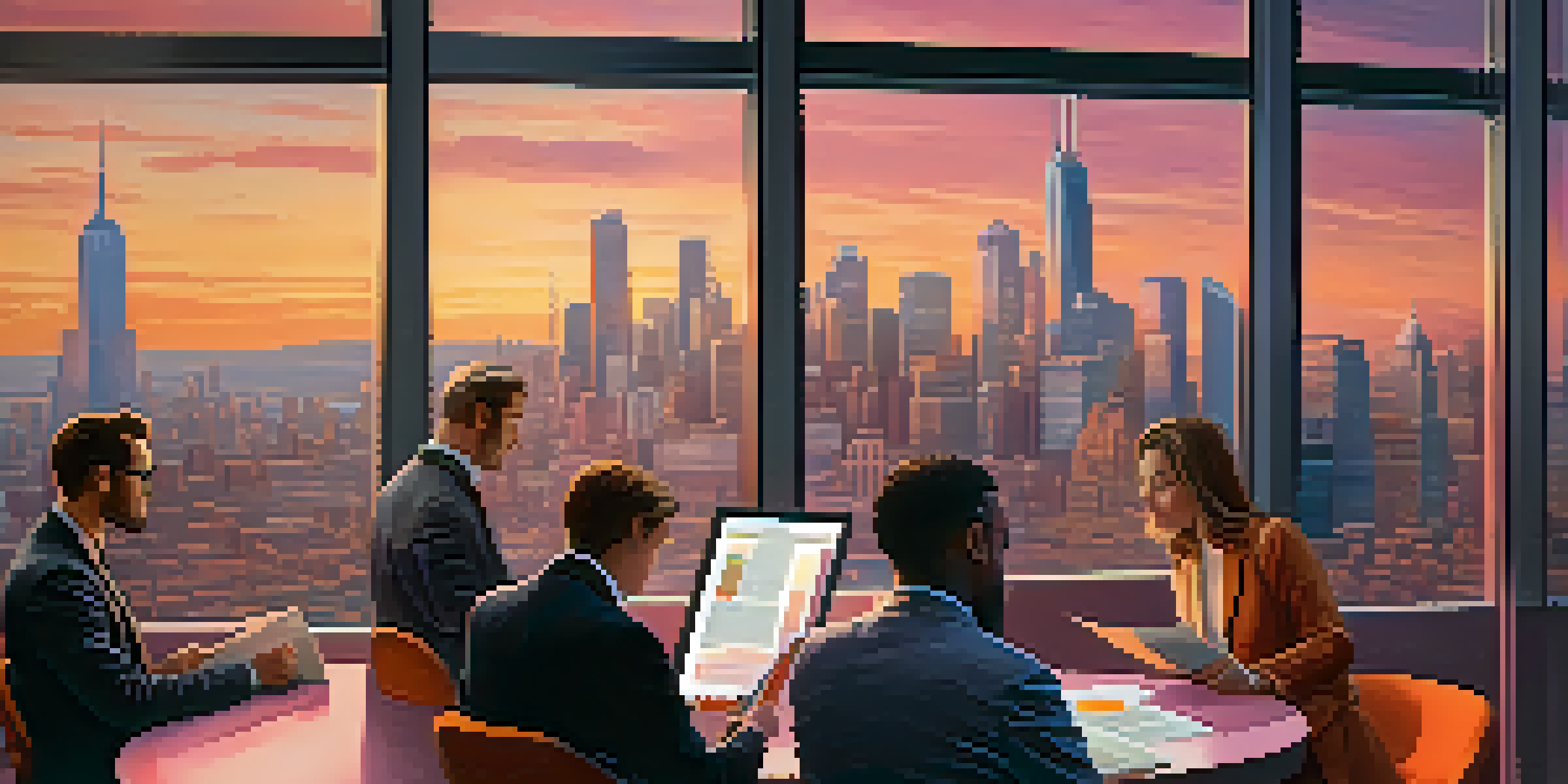 A vibrant city skyline during sunset with professionals discussing investment decisions in the foreground.