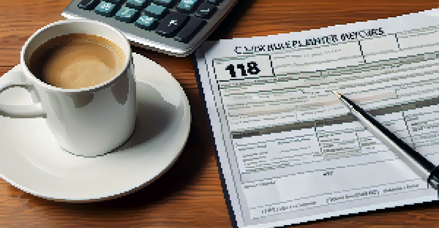 A close-up of a tax form and calculator on a wooden table, with notes and coffee, representing tax preparation.
