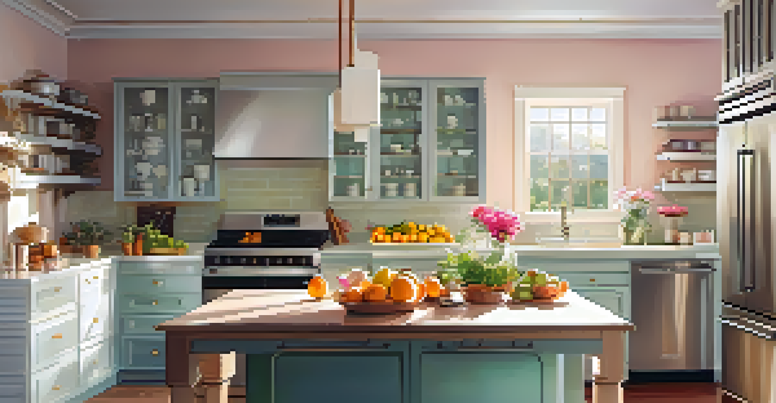 A modern kitchen filled with sunlight, featuring a kitchen island with fresh fruits and a vase of flowers.