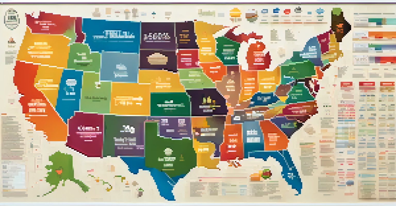 A colorful map of the United States showing different sales tax rates by state, with icons representing goods.