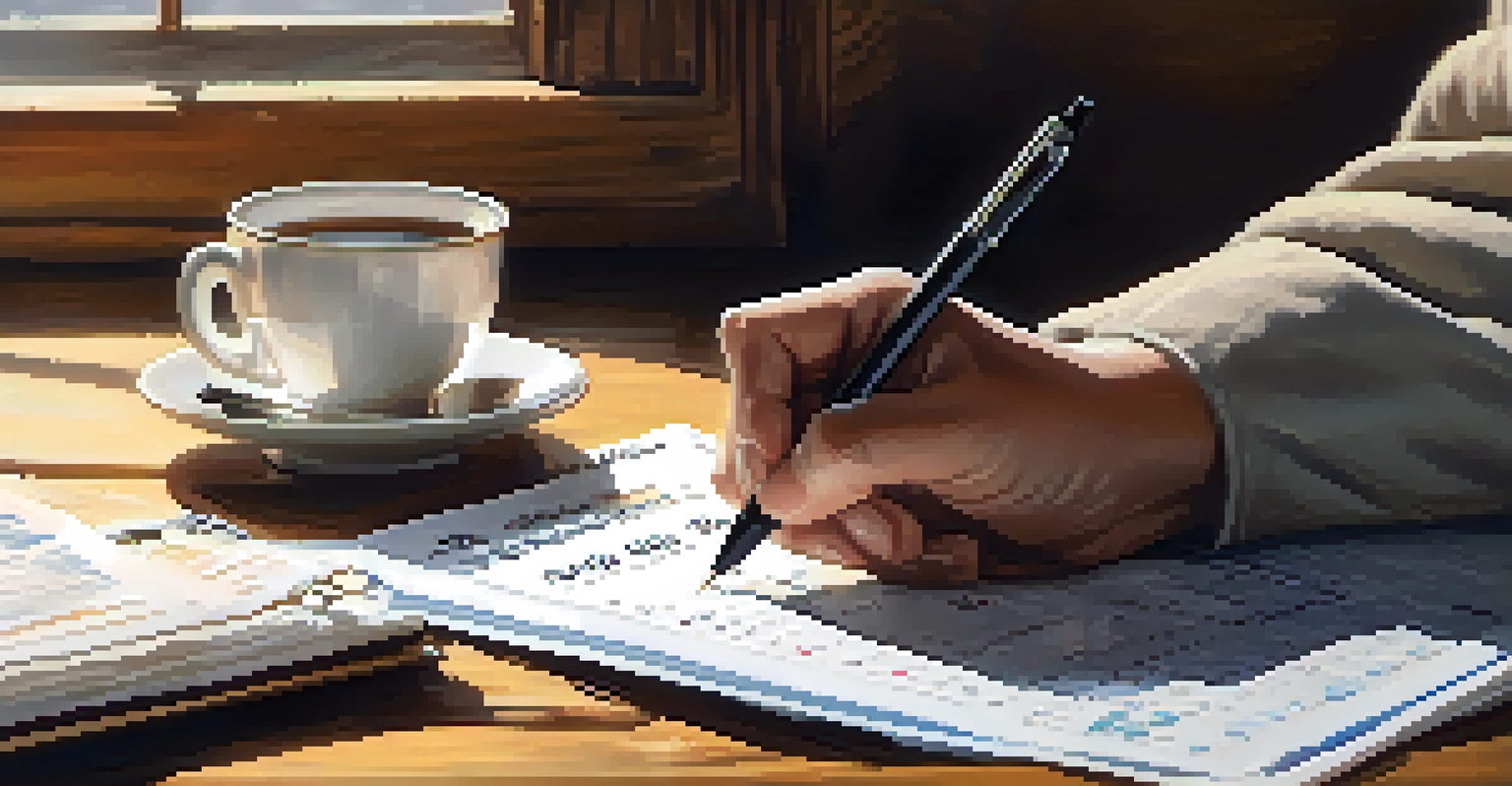 A hand writing on a calendar with tax deadlines, surrounded by a calculator and coffee on a wooden table.