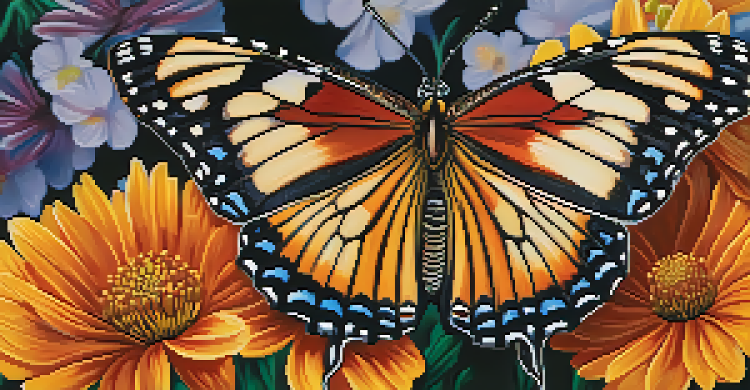 A close-up of a colorful butterfly resting on a flower, highlighting its intricate wing patterns.