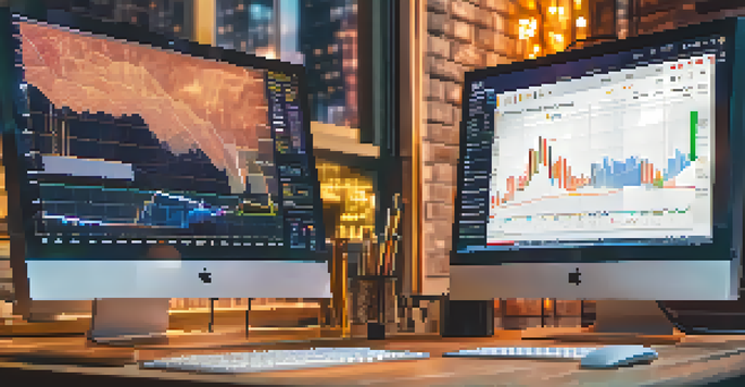 A close-up of a computer screen showing cryptocurrency trading charts and graphs, with a blurred background and warm lighting.