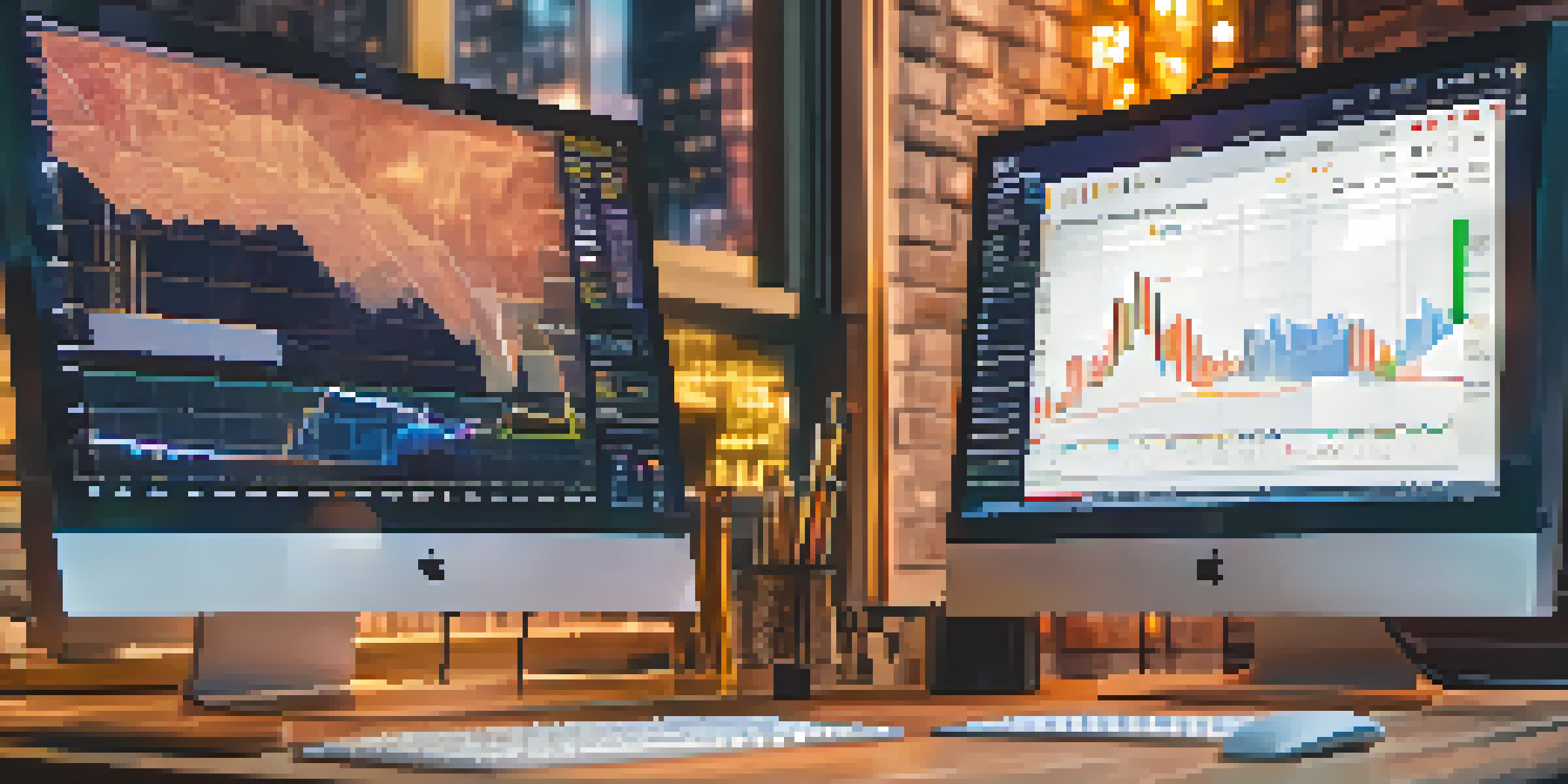 A close-up of a computer screen showing cryptocurrency trading charts and graphs, with a blurred background and warm lighting.