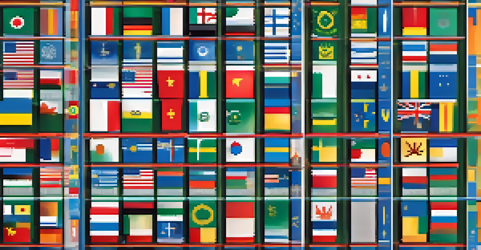 An abstract image of national flags and symbols of fairness in taxation, set against a digital grid background.