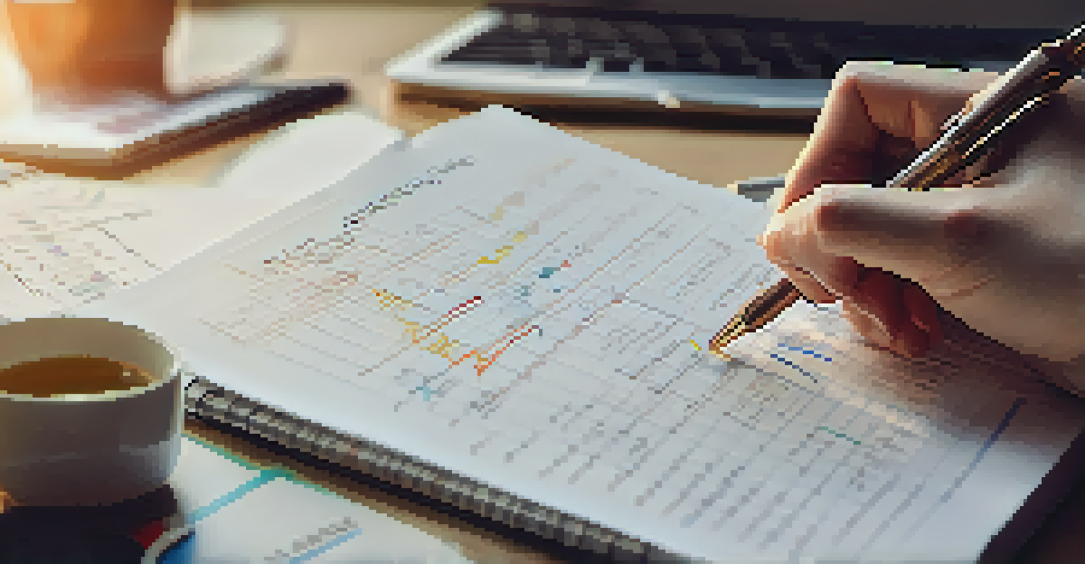 A hand holding a pen over a notepad with financial goals, with a laptop displaying graphs in the background.