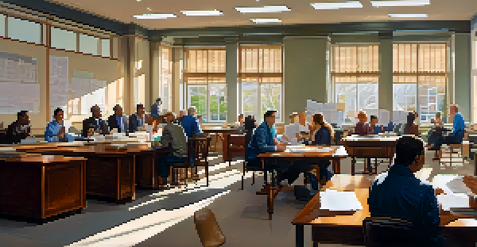 A busy local government office with people discussing property taxes, bright sunlight streaming through windows, and charts on tables.
