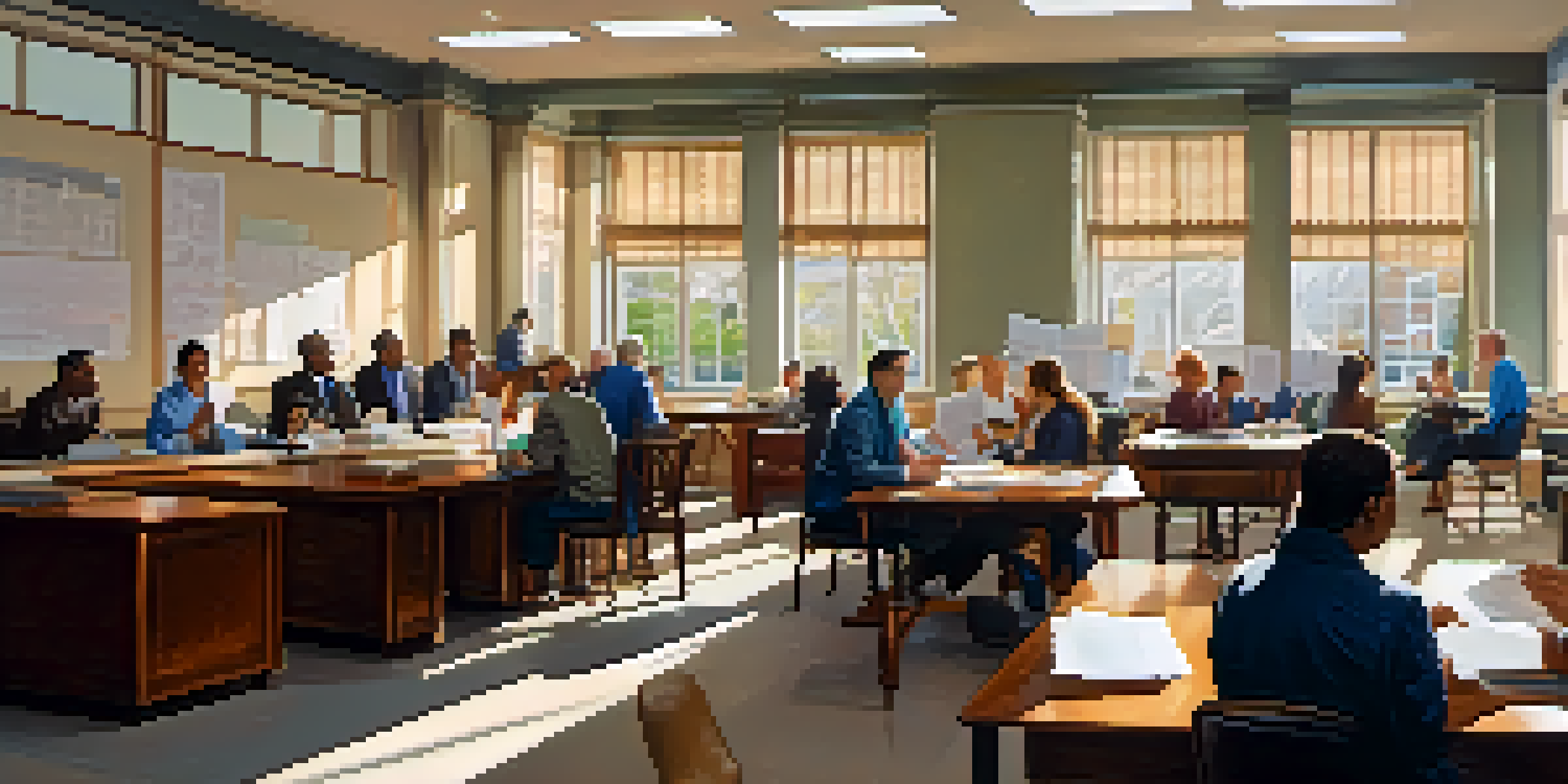 A busy local government office with people discussing property taxes, bright sunlight streaming through windows, and charts on tables.