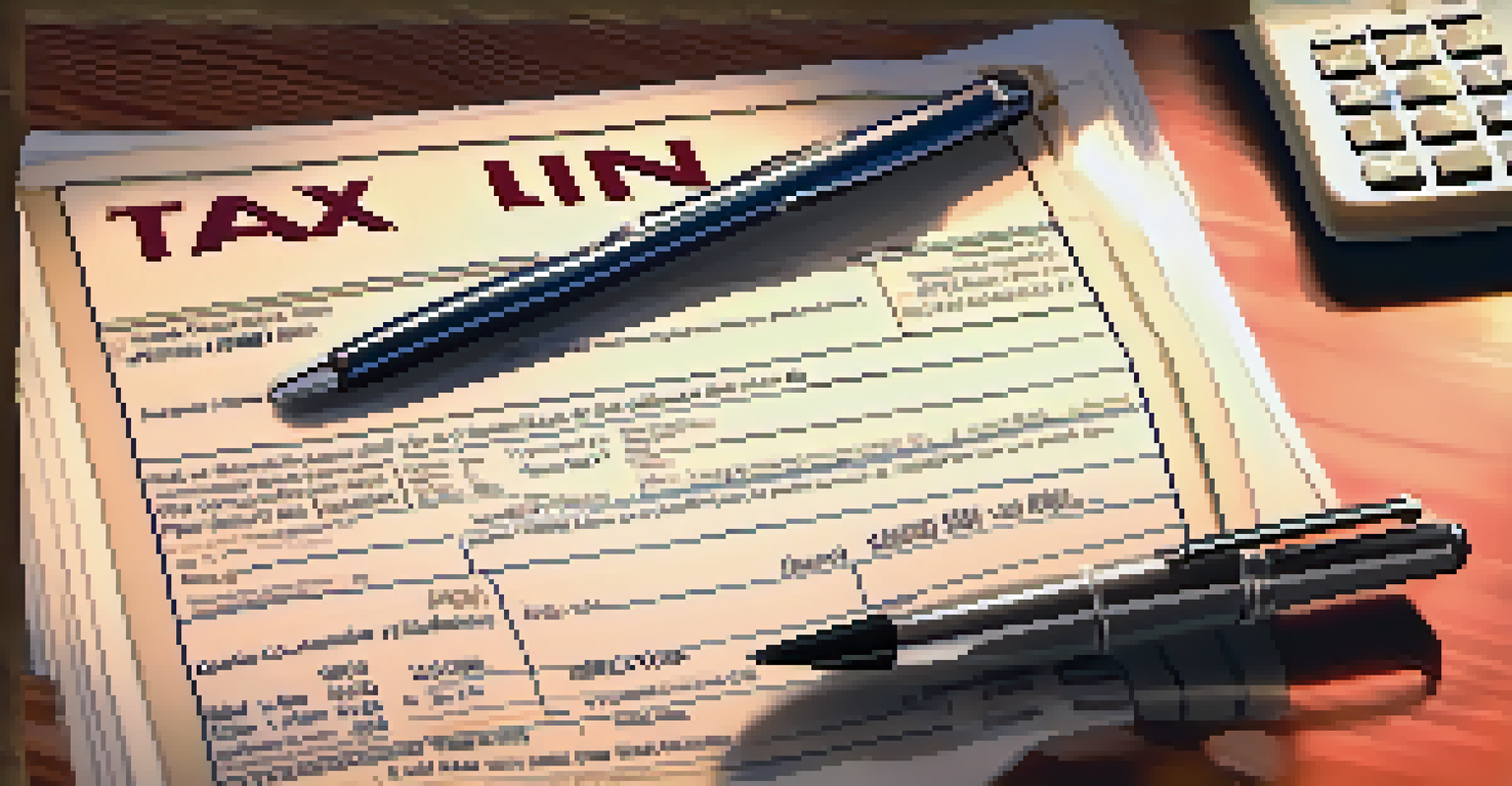 A tax lien notice on a wooden desk with a pen and calculator, illuminated by sunlight, conveying urgency.