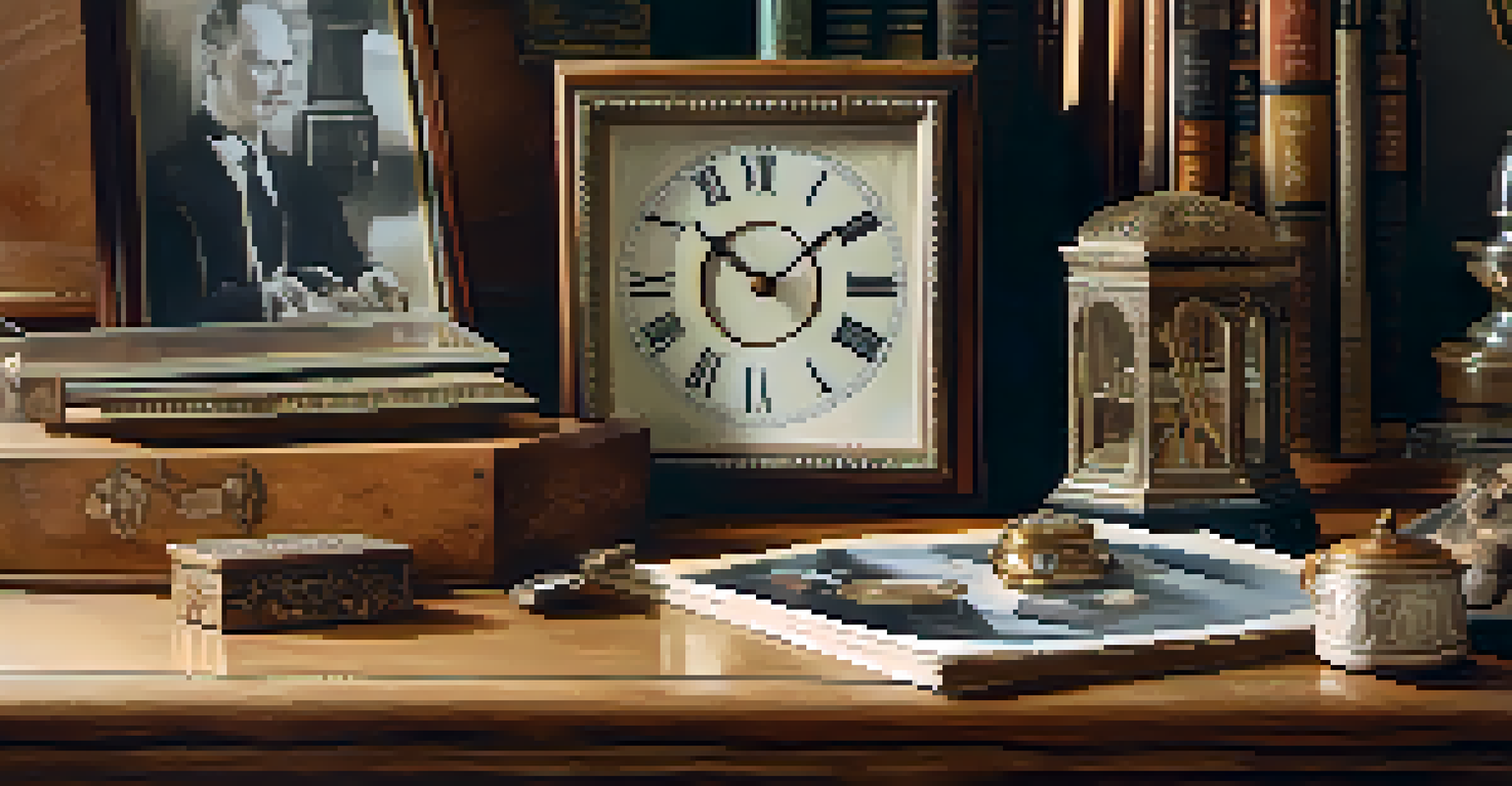 Close-up of hands arranging family heirlooms like a clock and a photograph on a wooden table.