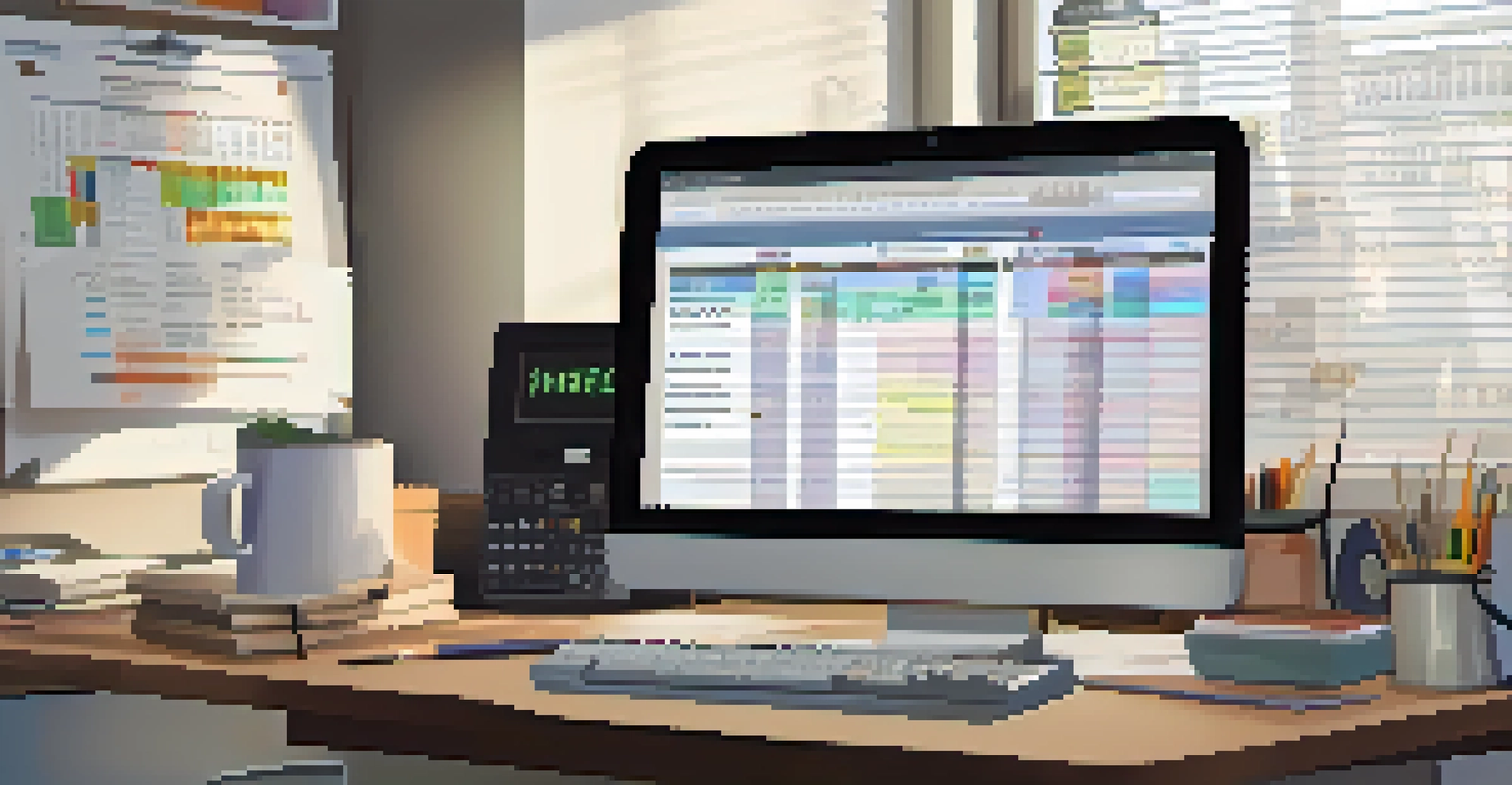 A neat workspace with a computer displaying tax software, documents, and a calculator.