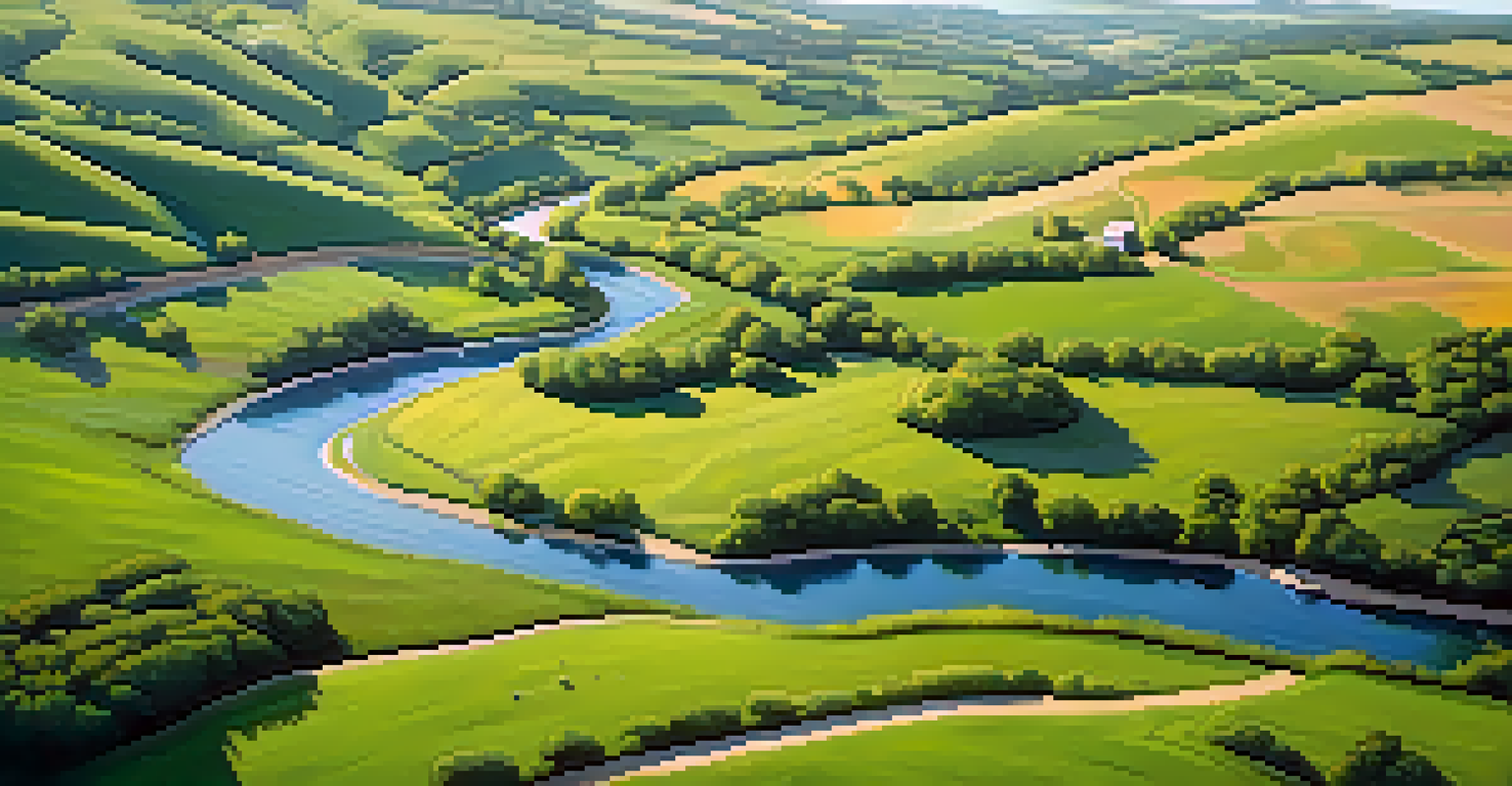 Aerial view of a green landscape with rolling hills, a winding river, and a small farmhouse in the distance.