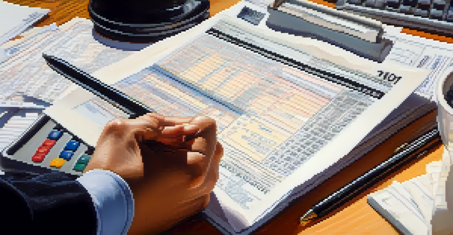 A hand holding a pen over a detailed tax return form filled with numbers and calculations.