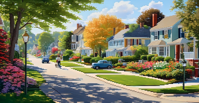 A sunny suburban neighborhood with houses, gardens, children playing, and a couple walking their dog.