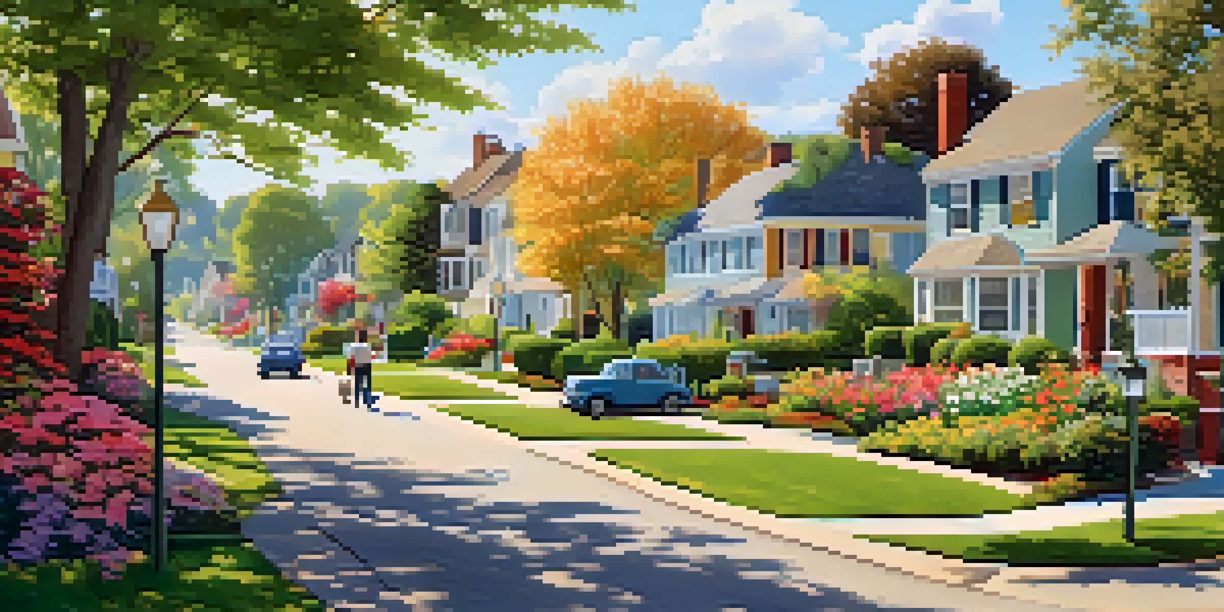A sunny suburban neighborhood with houses, gardens, children playing, and a couple walking their dog.