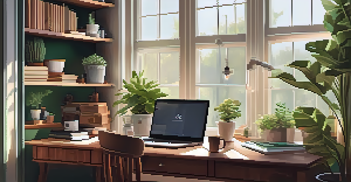 A warm and inviting home office setup with a wooden desk, laptop, coffee cup, and plants, illuminated by natural light.