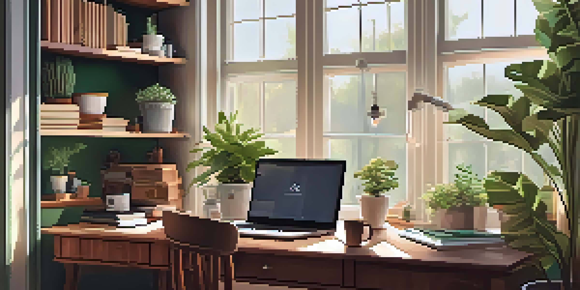 A warm and inviting home office setup with a wooden desk, laptop, coffee cup, and plants, illuminated by natural light.