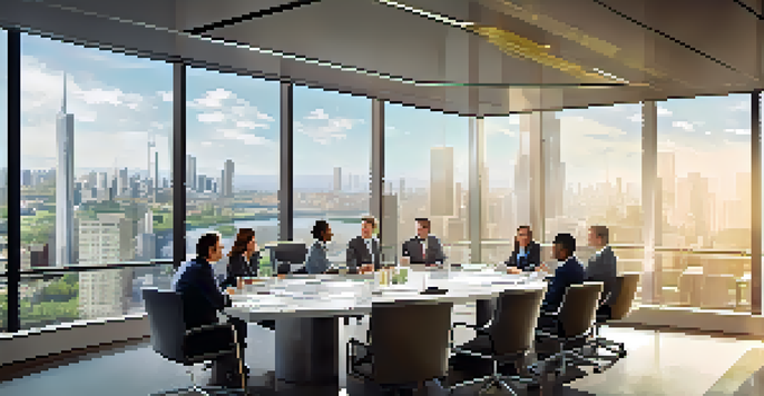 A diverse group of business professionals in a conference room discussing merger strategies with graphs and charts on a screen.