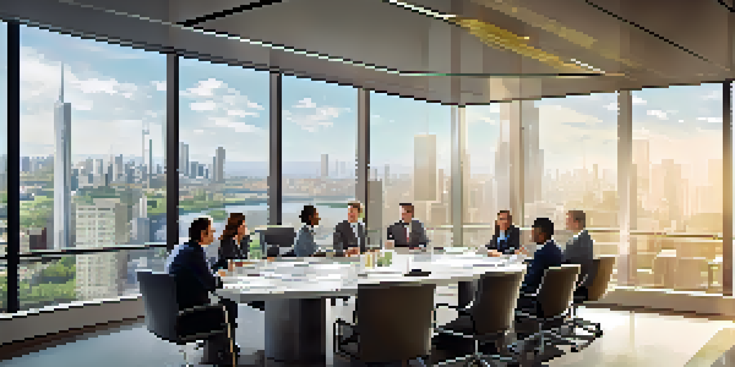 A diverse group of business professionals in a conference room discussing merger strategies with graphs and charts on a screen.