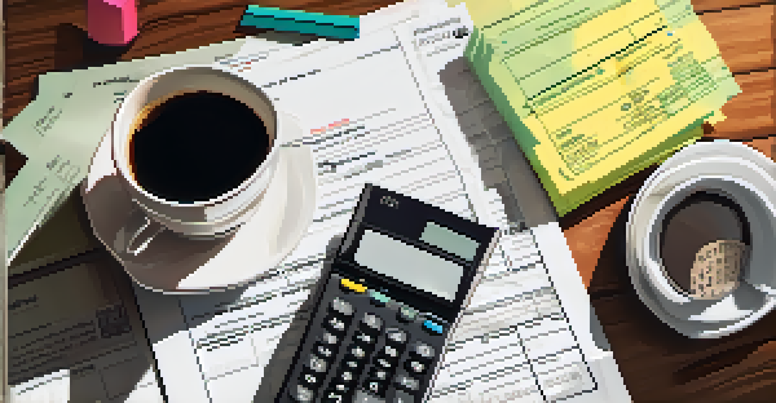 Close-up of organized tax documents with a calculator and a cup of coffee on a wooden desk.